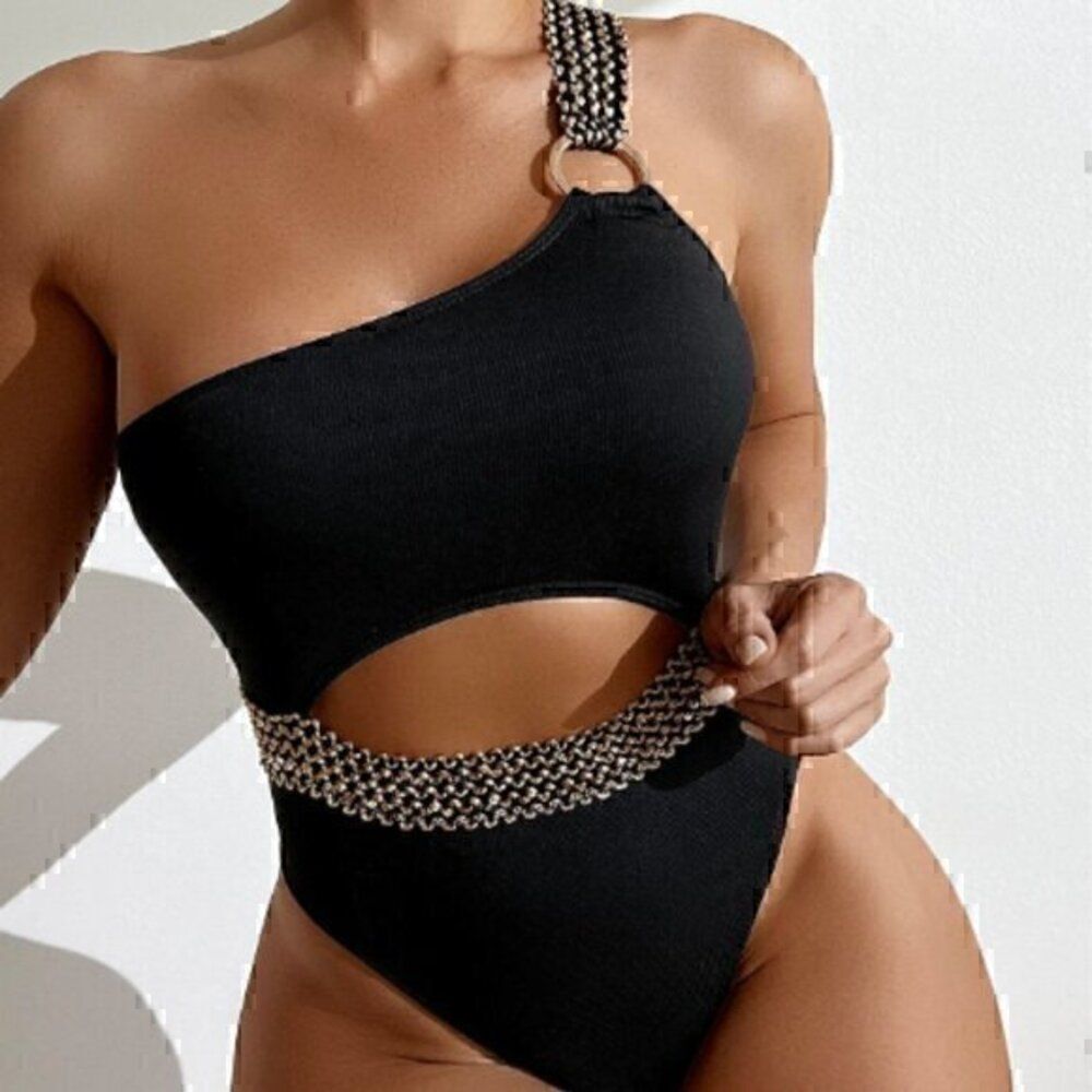 Shein Chain Pattern Ring Linked One Shoulder One Piece Swimsuit L